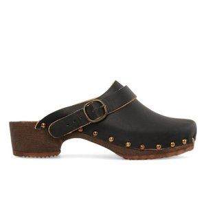Black Leather Clogs with Gold Accents